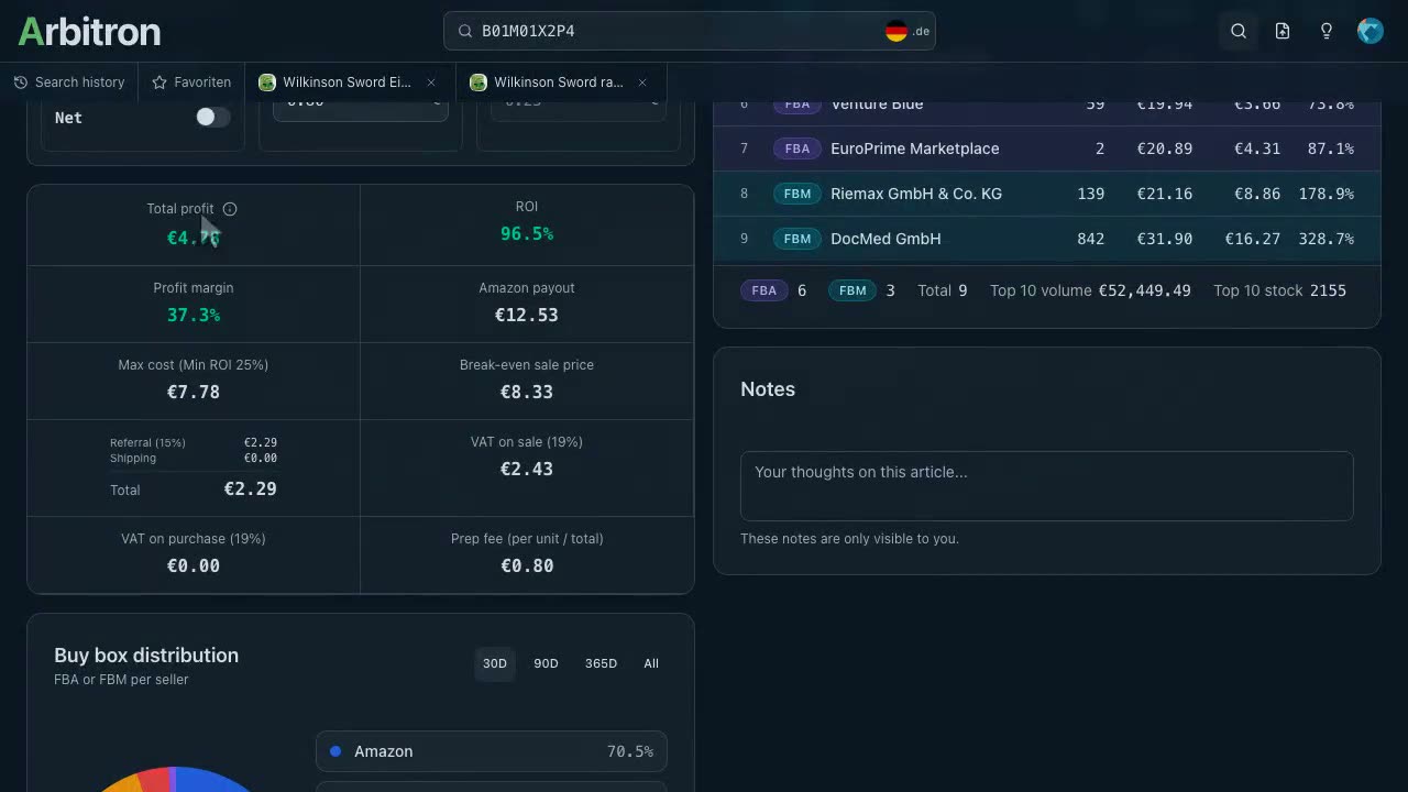 Product calculator showing purchase price, selling price, fees and profit